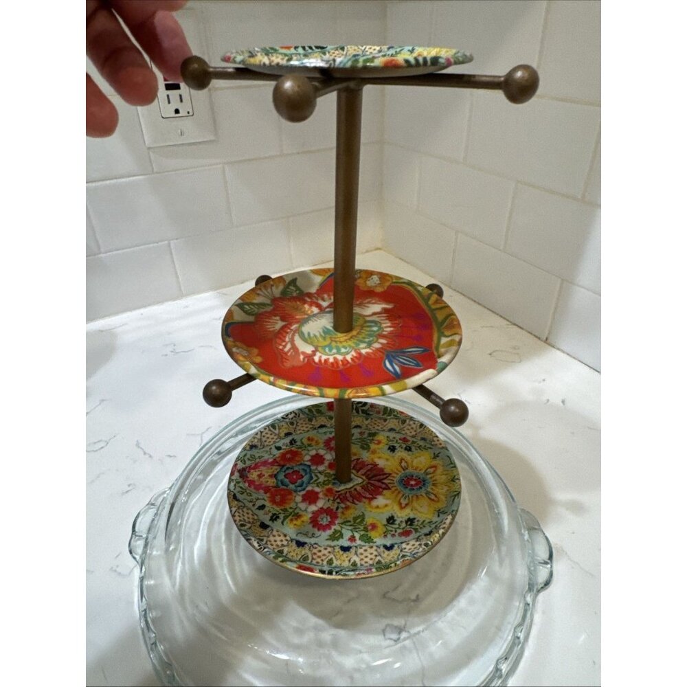 Cost Plus Metal Enamel Folk Art 3 Tier Trinket Jewelry Tray Hooks 10" - Picture 3 of 7
